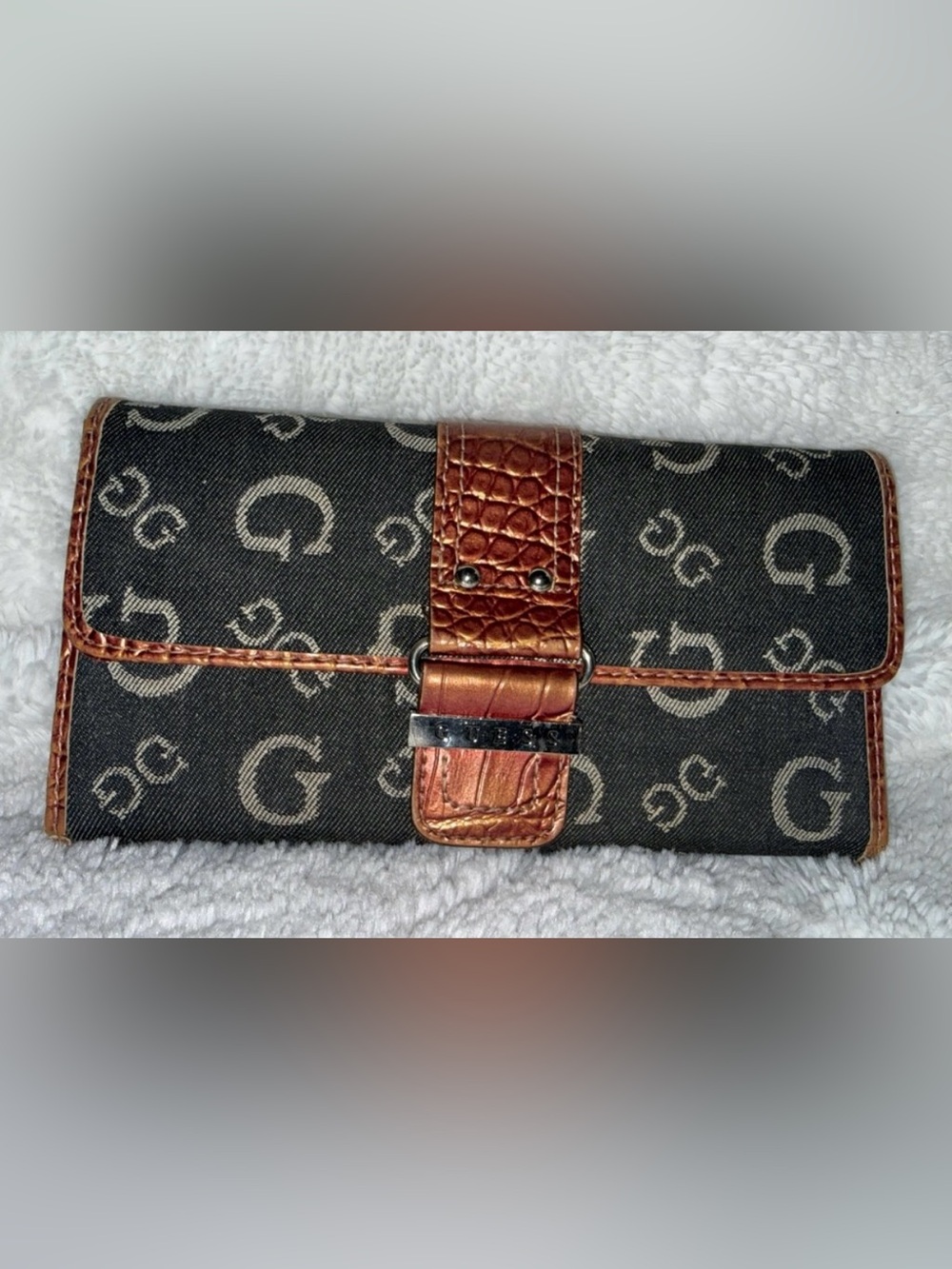 Vintage - Mid-2000s Guess Monogram Denim & Croc-Embossed Tri-Fold Clutch Wallet.